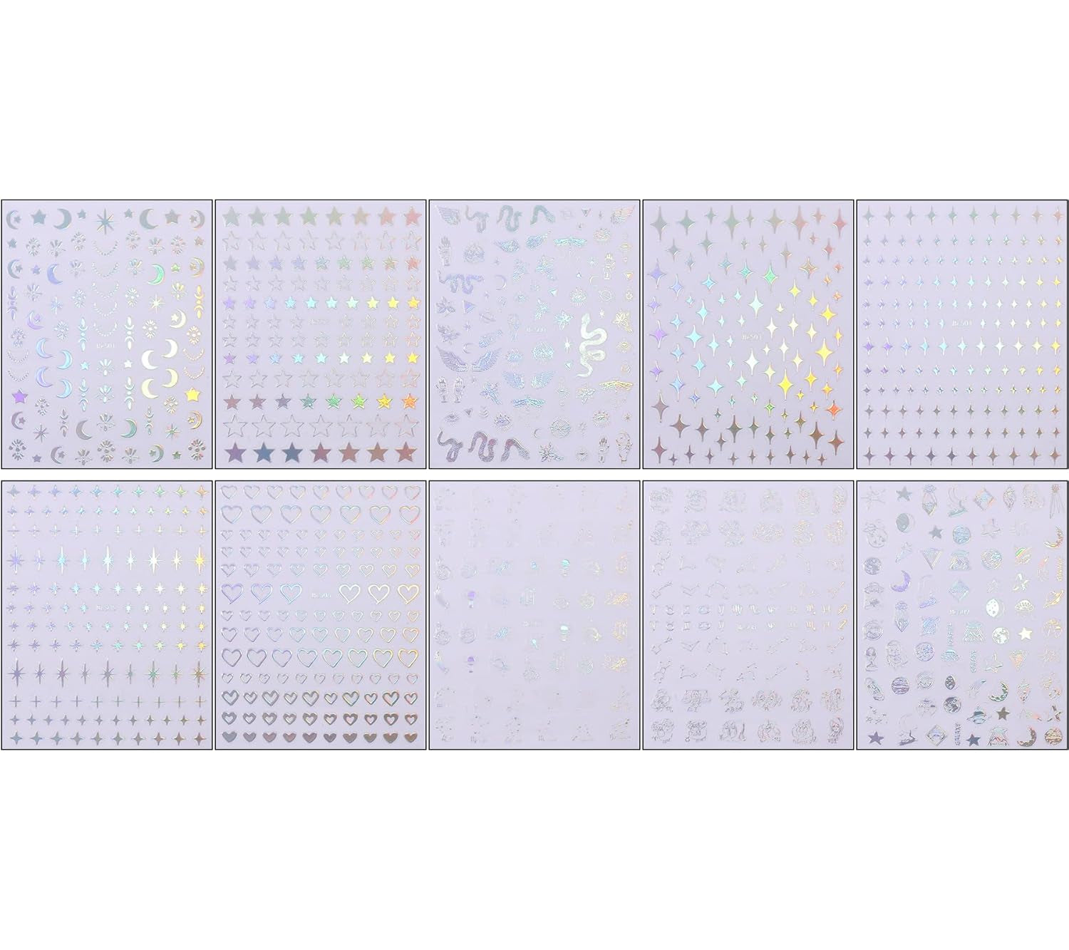 JMEOWIO Nagelsticker Mond Stern Schlange 10 Blatt Nail Art Sticker Selbstklebend Nagelaufkleber Aurora Decoratie Nageldesign Zubehör