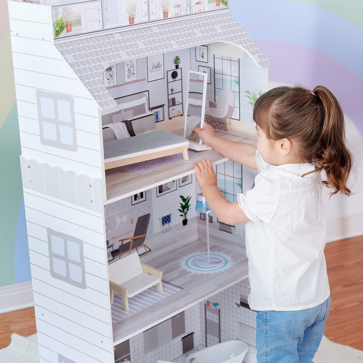 Teamson Kids Olivia's Little World gigantisch poppenhuis met meubels en accessoires, houten poppenhuis, 3-laags speelset voor poppen van 30 cm, vanaf 3 jaar