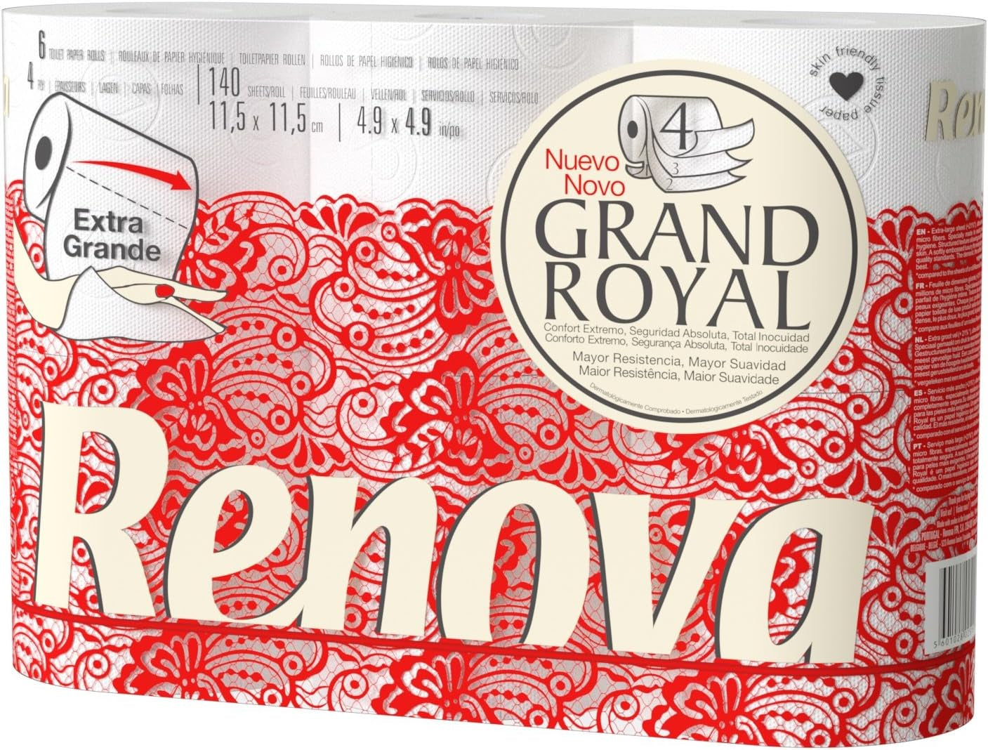 Toiletpapier Renova Renova Grand Royal 4 laags - 6 rollen, Groot (pak van 5)