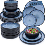 SÄNGER Aruba | Serviesset van steengoed voor 6 personen, 6 dinerborden, 6 ontbijtborden, 6 dinerborden, 6 pastakommen, blauw met zwarte rand | DE WAARDE-COLLECTIE