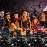49-delige Halloween Spider papieren bestekset inclusief borden, servetten, glazen en tafelkleed. Zwart servies bestaande uit dessertborden, servetten en glazen.