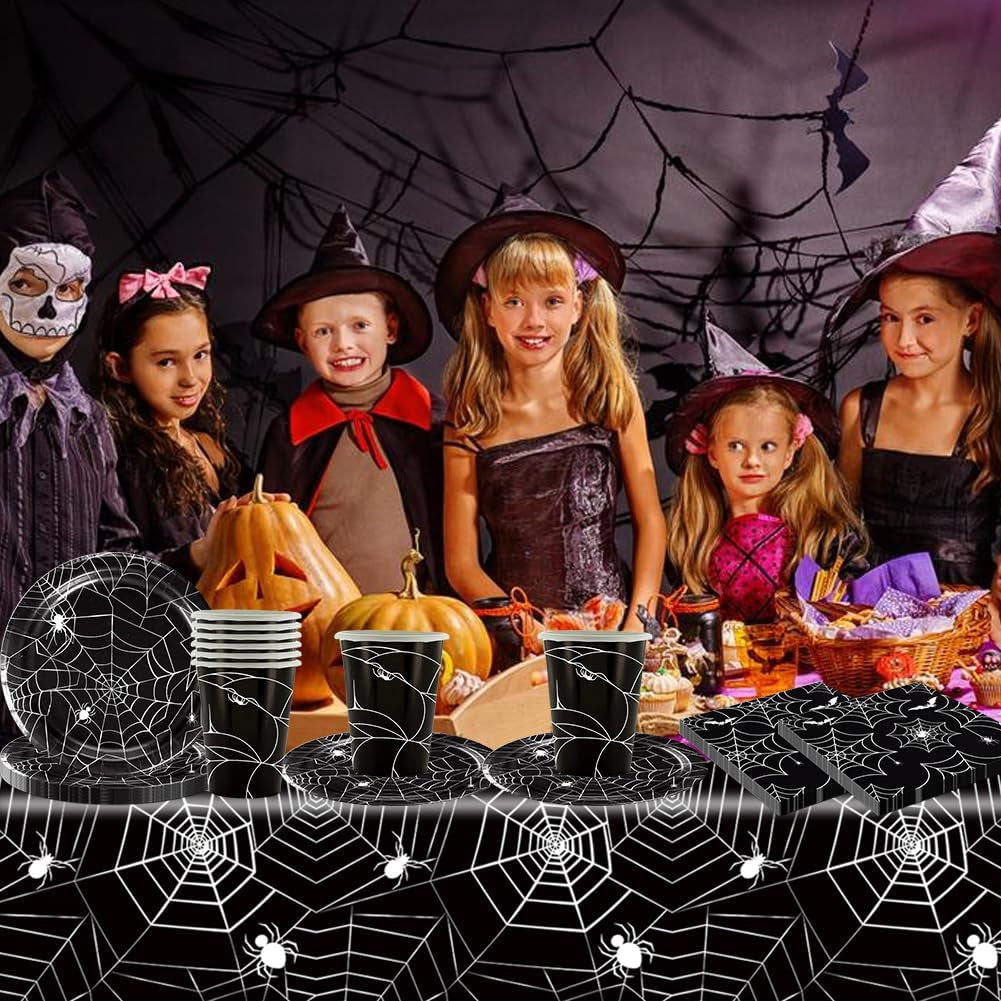 49-delige Halloween Spider papieren bestekset inclusief borden, servetten, glazen en tafelkleed. Zwart servies bestaande uit dessertborden, servetten en glazen.