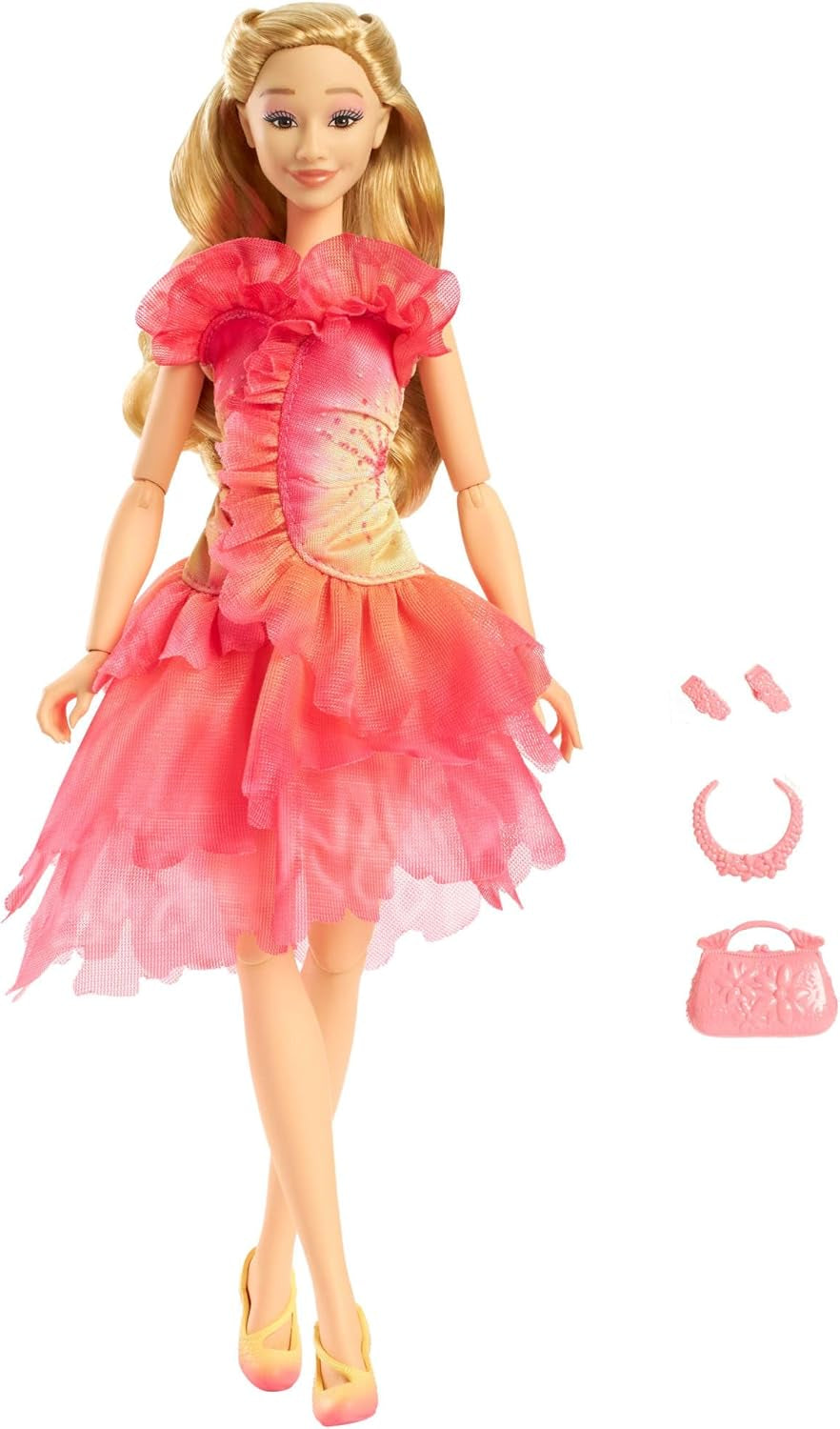 Mattel Wicked Glinda modepop en accessoires met blond haar, verschillende mogelijke poses en afneembare baljurk, HXT63
