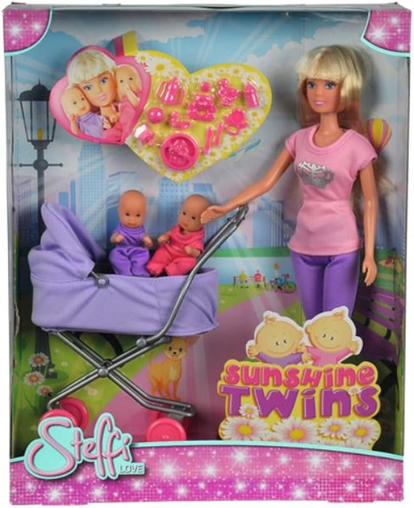 Simba Steffi Love Sunshine Twins - Pop met tweeling en kinderwagen, inclusief accessoires zoals flessen en speelgoed, bijpassende variant voor 2 poppen, poppenset voor kinderen vanaf 3 jaar