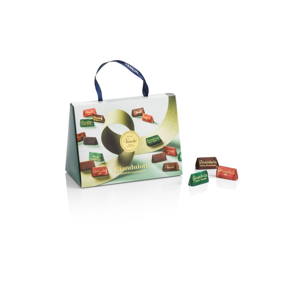 Geschenkset Venchi - Borsina Gianduiotti, met verschillende Gianduiotti-chocolaatjes, waaronder "Piemonte-hazelnoten", 150 g, glutenvrij, geen kunstmatige kleurstoffen, geen bewaarmiddelen, cadeau-idee
