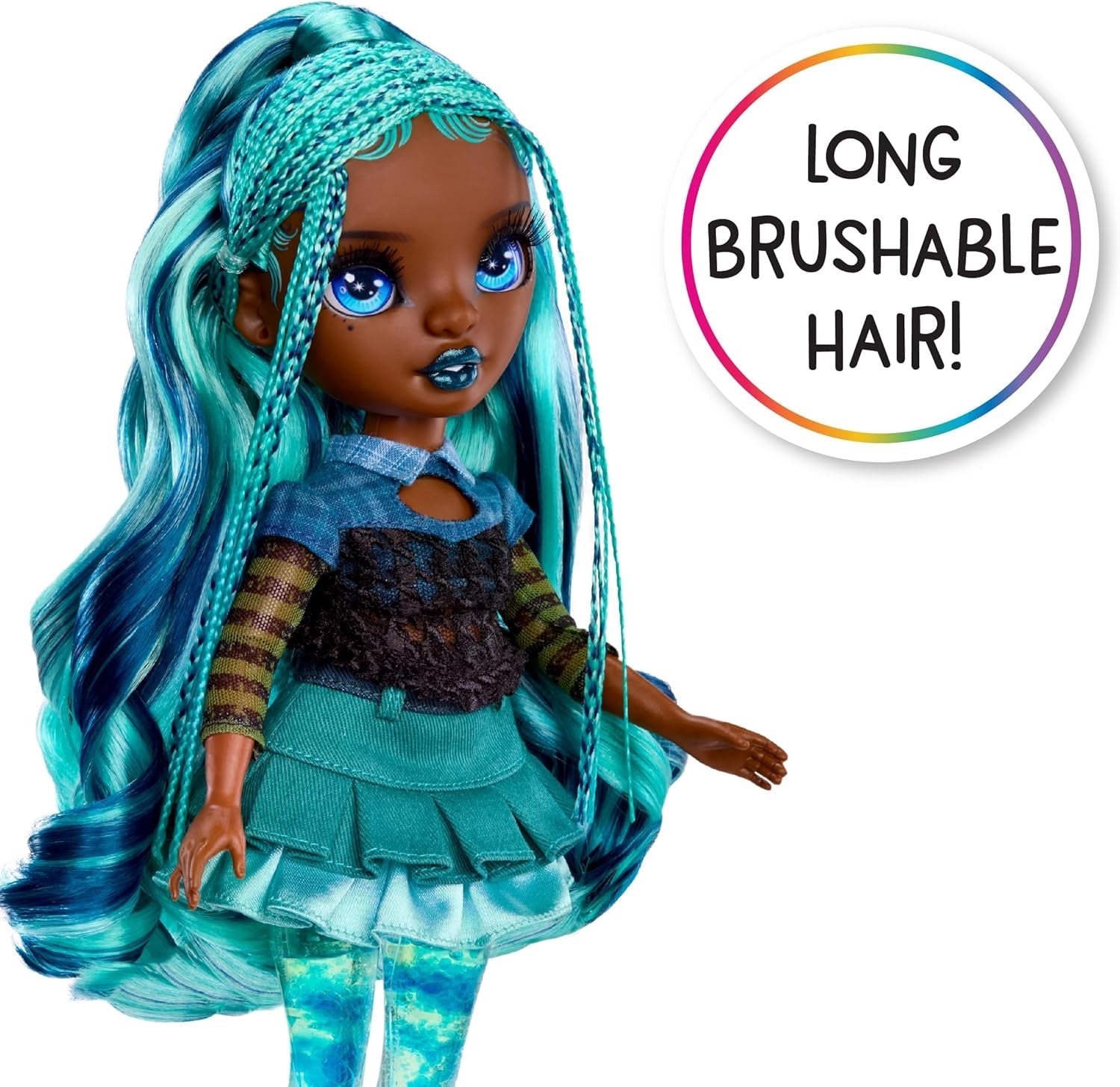 Regenboog Pop met Hoge Sparkle & Shine - Misty - Modieuze pop van 28 cm met turkoois haar en magische bubbels Staande Kleurrijke aankleed- en speelcollectie voor 4-12 jaar