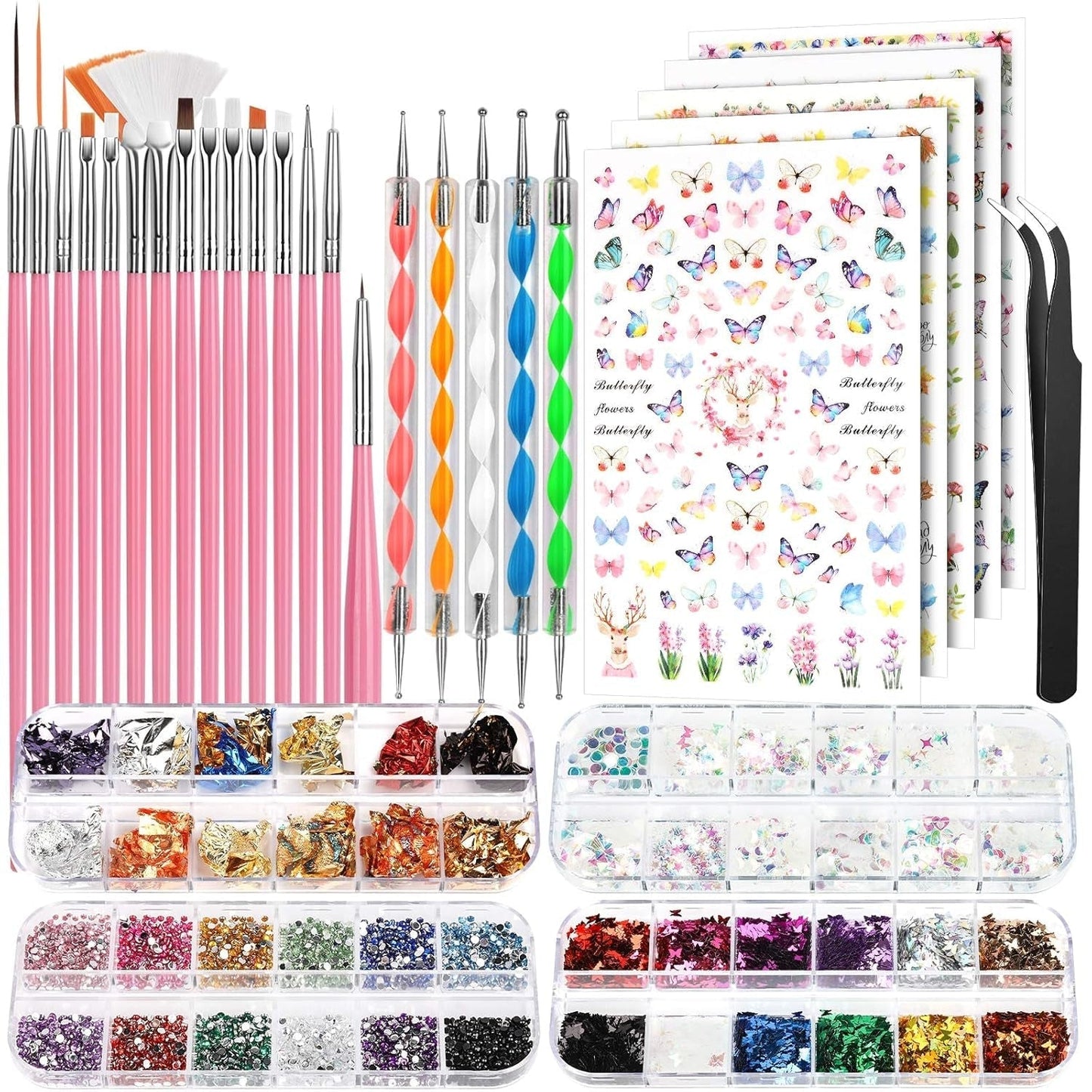 FANDAMEI Pinsel Für Gelnägel, 15 stuks Nagel Pinsel, 5 Blätter Nagelsticker, Strasssteine ​​​​Nägel, Nageldesign Set, Nageldesign Zubehör, Nail Art Pinsel Set, Nailart Pinsel en decoratieset