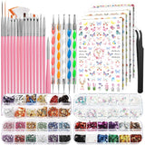 FANDAMEI Pinsel Für Gelnägel, 15 stuks Nagel Pinsel, 5 Blätter Nagelsticker, Strasssteine ​​​​Nägel, Nageldesign Set, Nageldesign Zubehör, Nail Art Pinsel Set, Nailart Pinsel en decoratieset
