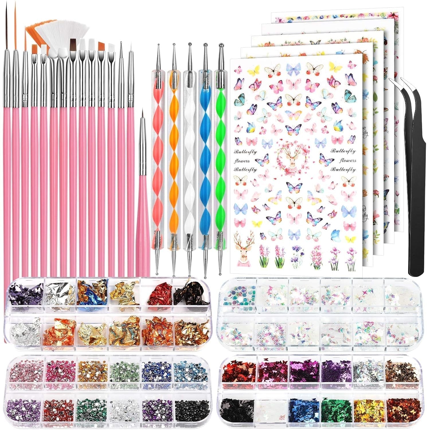 FANDAMEI Pinsel Für Gelnägel, 15 stuks Nagel Pinsel, 5 Blätter Nagelsticker, Strasssteine ​​​​Nägel, Nageldesign Set, Nageldesign Zubehör, Nail Art Pinsel Set, Nailart Pinsel en decoratieset