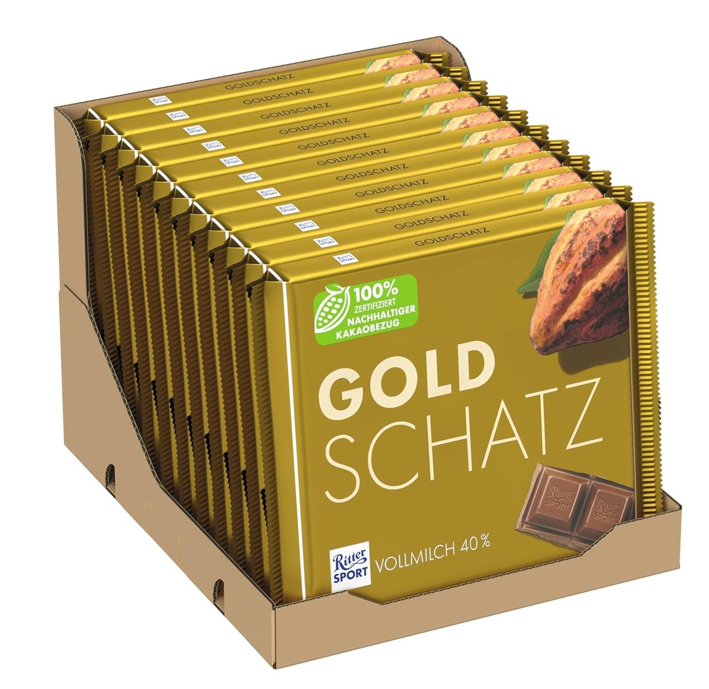 Ritter Sport - Gold Treasure - 11 x 250g, Fijne melkchocolade met stukjes karamel, Klassieke chocolade om te delen met vrienden, 11 repen x 250g