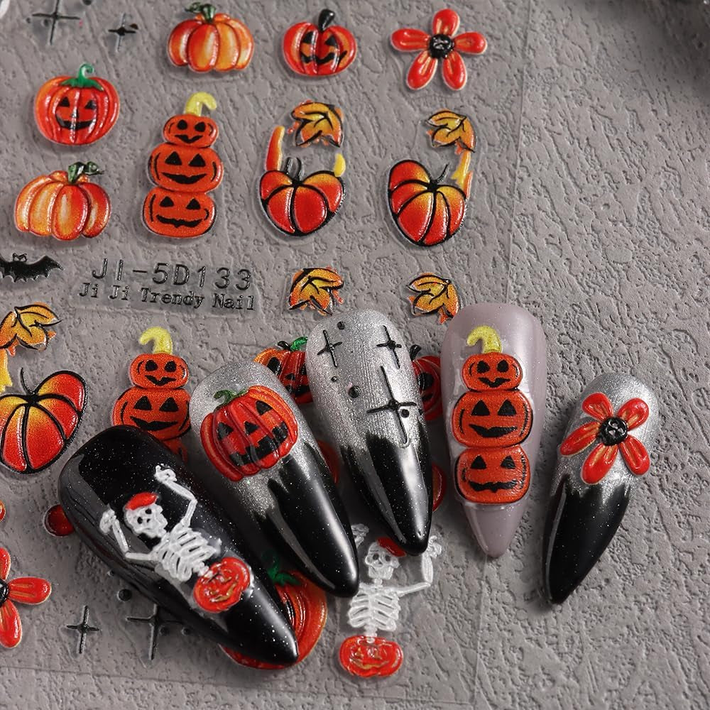JMEOWIO 3D Nagelsticker Halloween Nail Art Sticker Selbstklebend Nagelaufkleber 5D Stereoskopisch Süßer Geisterkürbis Decoratie Nageldesign Zubehör 4 Blatt