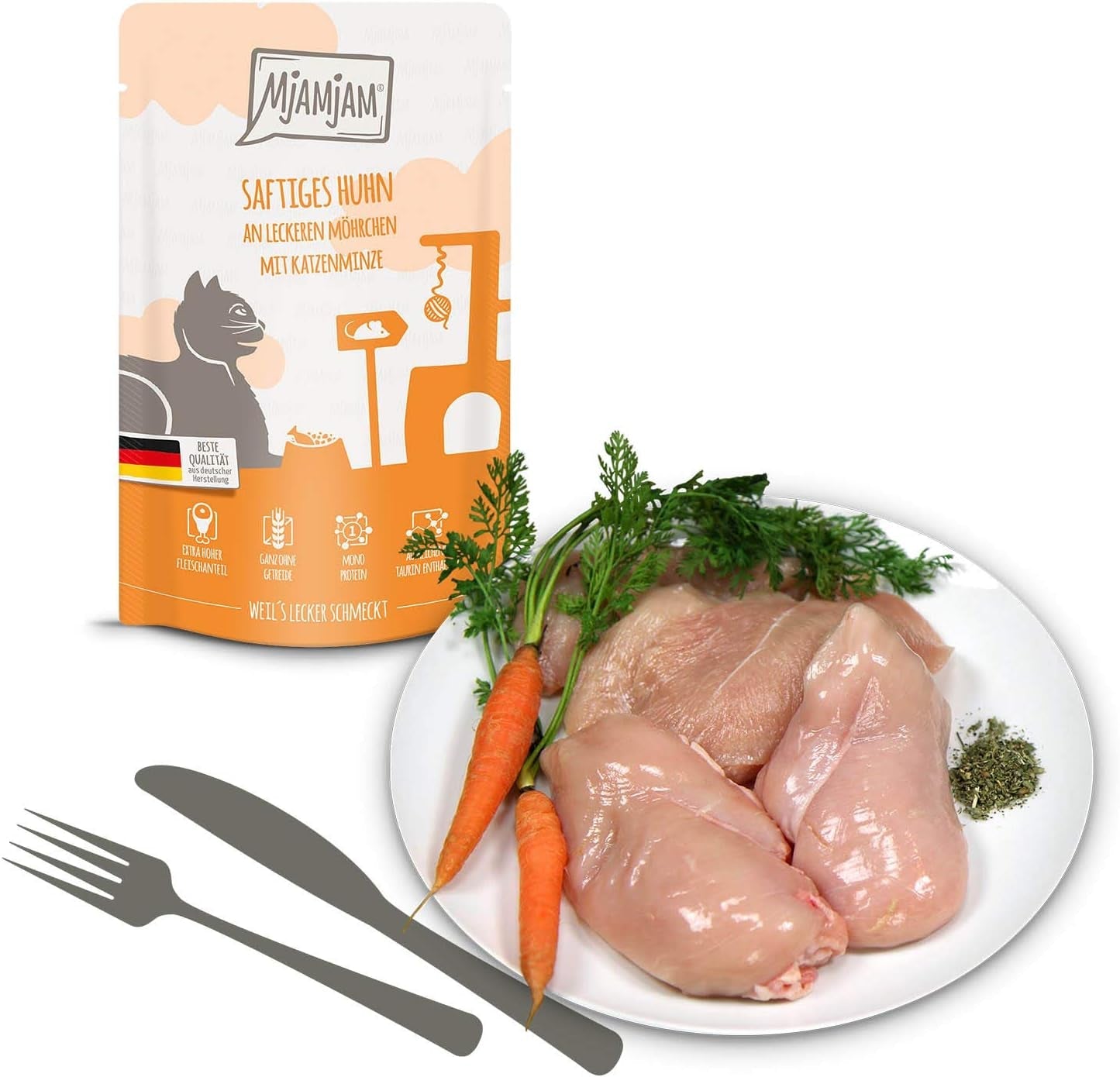 MjAMjAM - Premium natvoer voor katten - Gemengd pakket I - Kip, Rundvlees, Harten, 12 stuks (12 x 125 g), graanvrij met extra vlees
