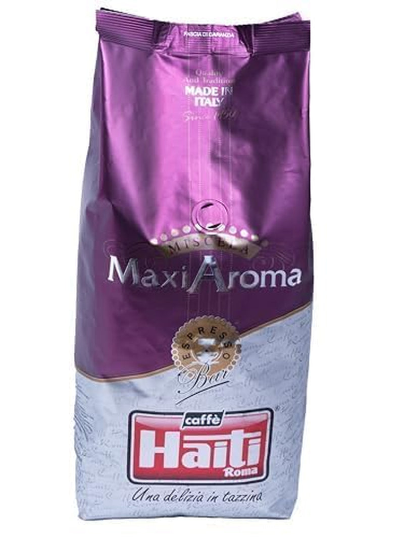 Caffè Haiti Roma Maxi Aroma koffie in een verpakking van 1 kg. Evenwichtige blend, ambachtelijk gebrand, gemaakt in Italië.