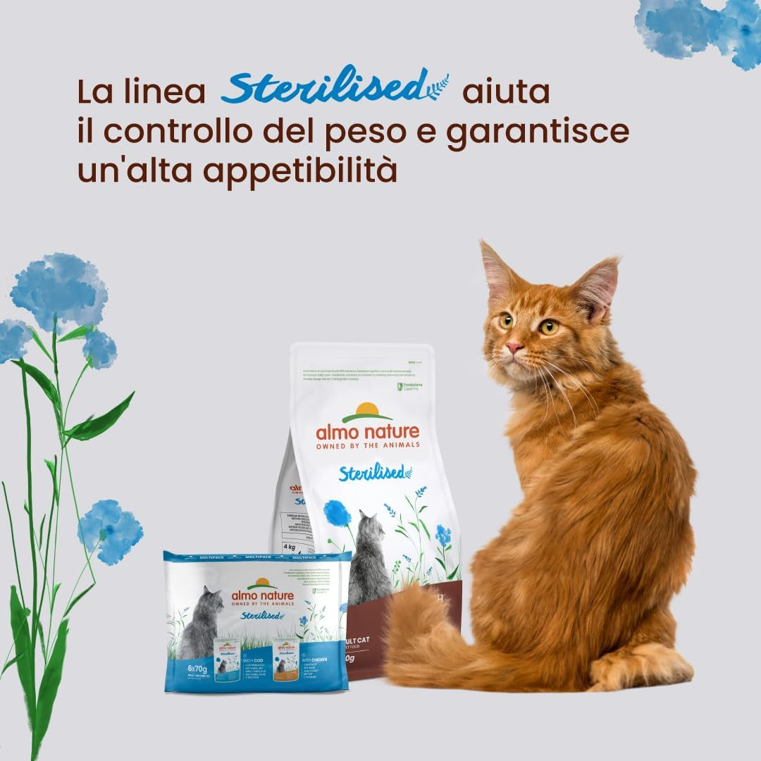 Almo Nature Functional - Sterilized - Natvoer voor volwassen en oudere katten, gesteriliseerd of minder actief - met kabeljauw en kip - Vetarm, hydraterend - 70g (pak van 6)
