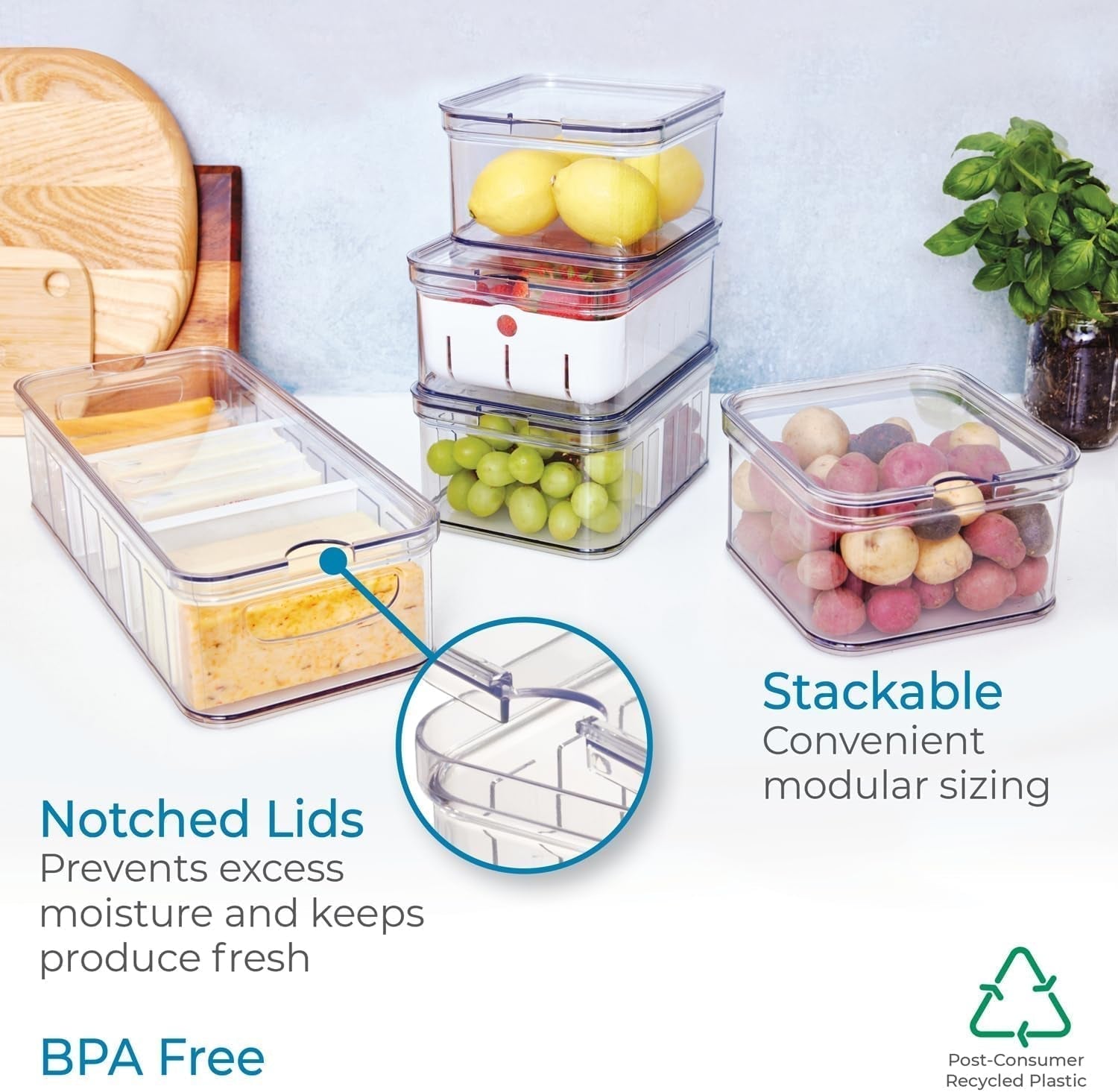 iDesign opbergdozen, koelkastorganizer met deksels in een set van 5, gerecyclede plastic voedselopbergdozen voor het organiseren van verbruiksartikelen, helder en wit Naty Shop voedselopbergdozen