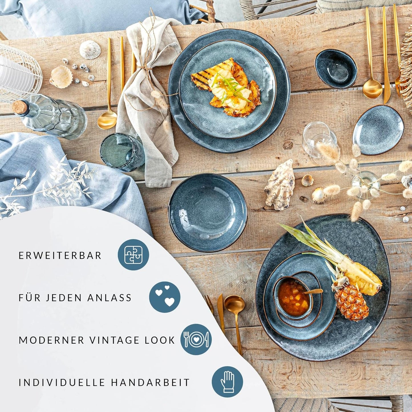 ZANGER | Darwin 12-delige serviesset, aardewerk serviesset voor 4 personen, blauwe serviesset inclusief dinerborden, dessertborden en soepborden, handgemaakte serviesset | DE PREMIUM COLLECTIE
