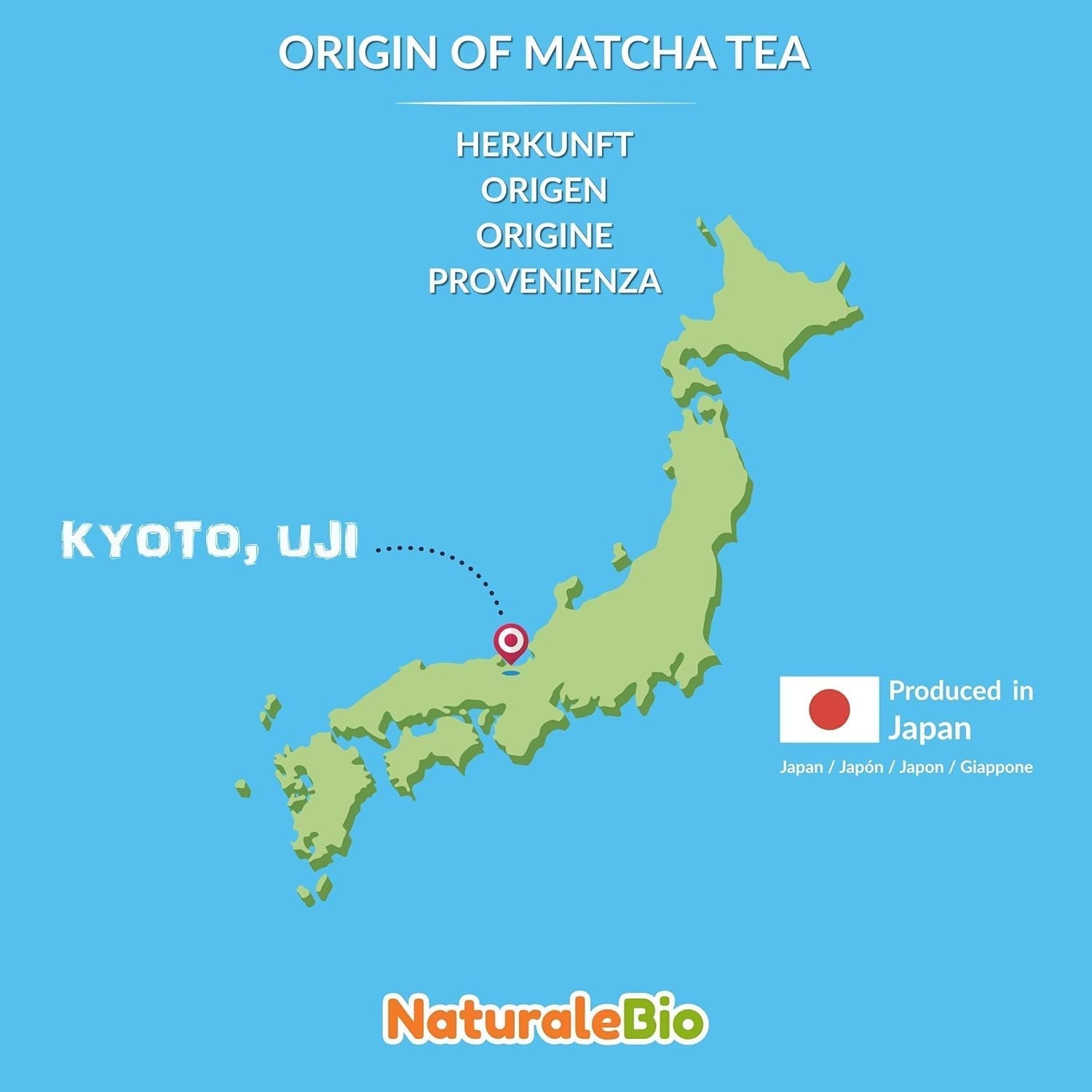 Naturalebio Ceremoniële Matcha Theepoeder Originele groene thee uit Japan. Matcha groene theepoeder van ceremoniële kwaliteit, gemaakt in Uji, Kyoto. Ideaal voor drinken, koken en lattes. Doos van 30 g.