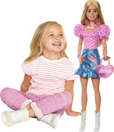 Modieuze Barbie pop 71 cm blond met afneembare kleding roze top denim rok cowboylaarzen ketting en handtas HYT84