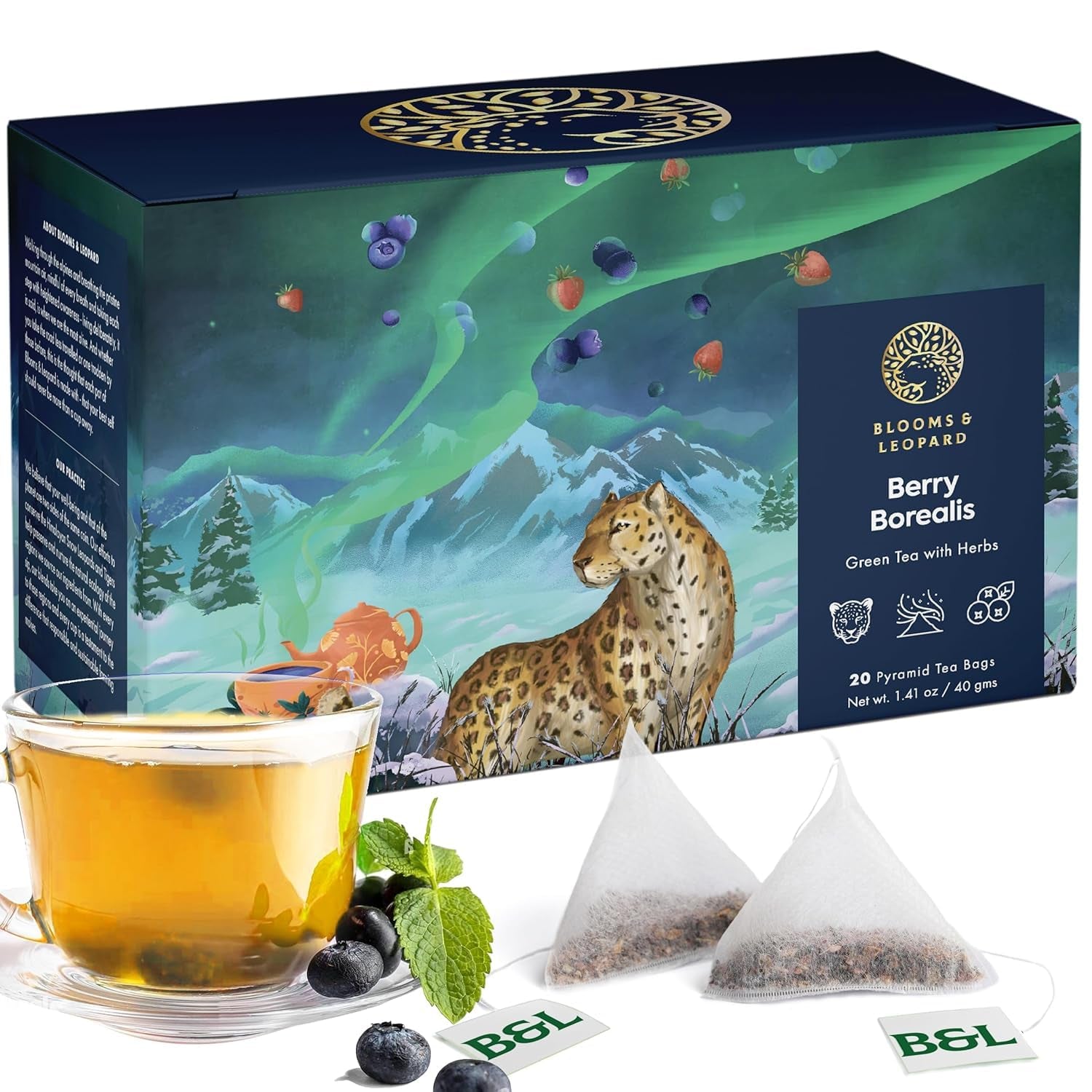 Blooms & Leopard Premium Groene Theezakjes - Berry Borealis Blend met Hibiscus, Bosbes, Aardbei en Groene Munt - 20 Pyramide Theezakjes voor Warme of Koude Thee