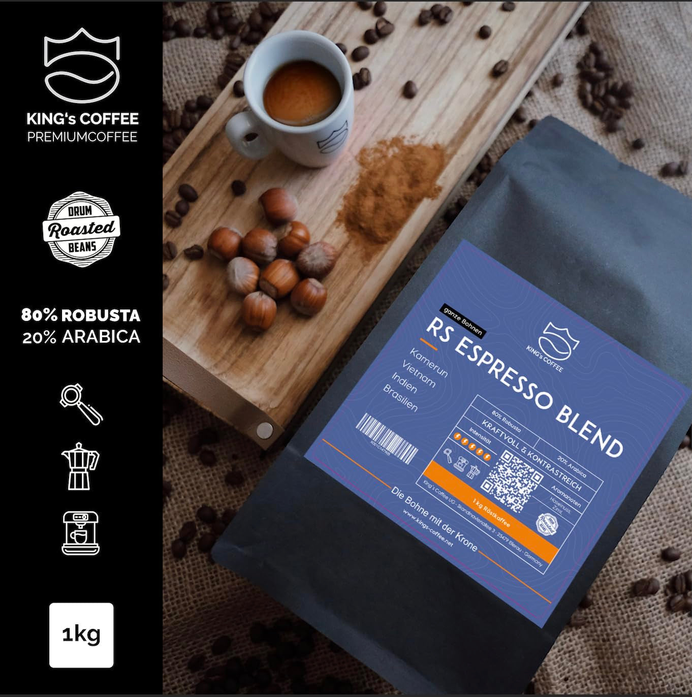KING'S COFFEE - AMESTEC RS ESPRESSO - 1 kg sterke en aromatische koffiebonen - koffie met een lage zuurgraad - koffie met hele bonen - kleine batchbranding uit Italië - espressobonen voor volautomatische machines en portafiltermachines