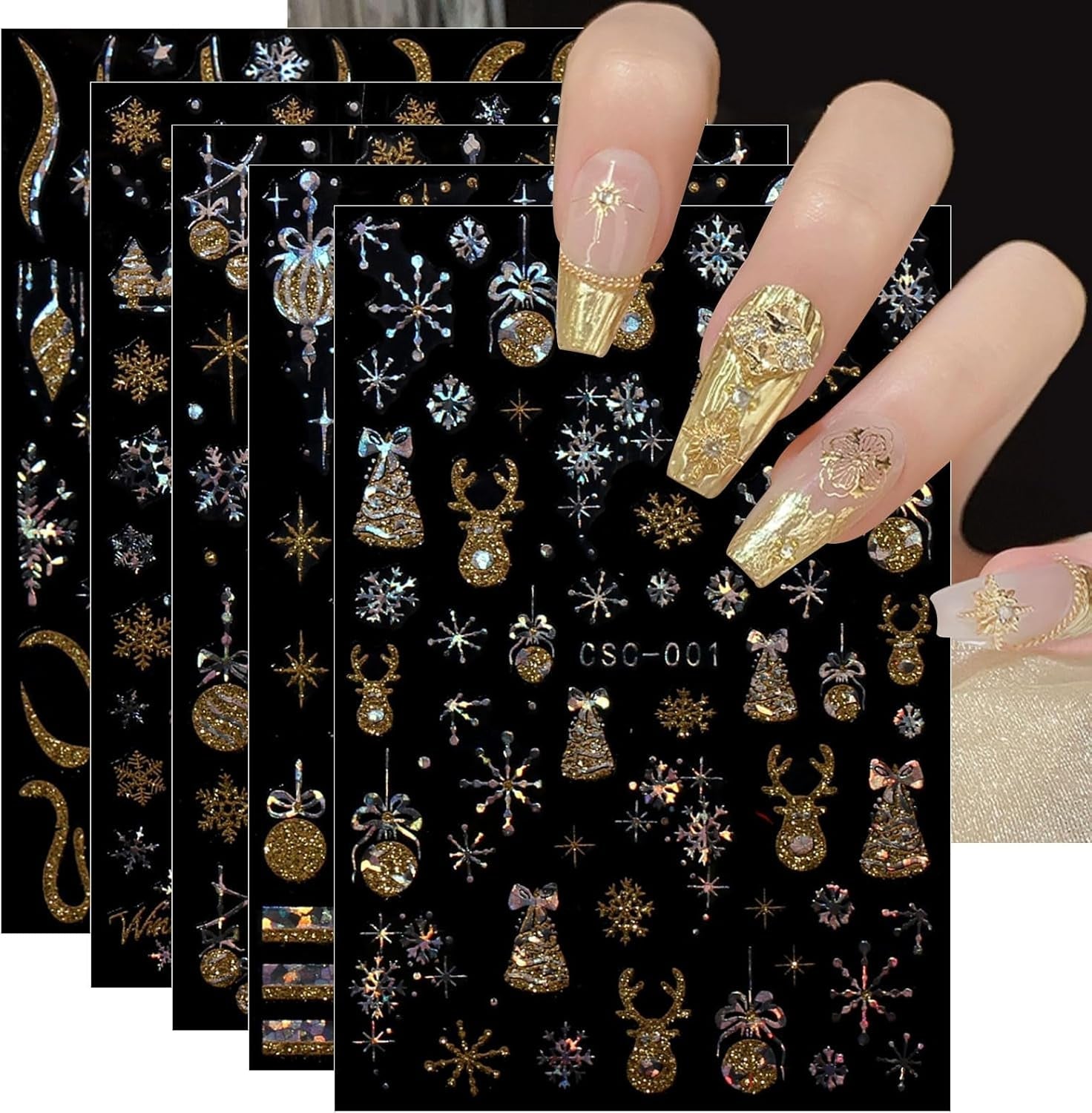 JMEOWIO Nagelsticker Weihnachten Gold Glitter Silber 8 Blatt Nail Art Sticker Selbstklebend Nagelaufkleber Schneeflocke Winterurlaub Decoratie Nageldesign Zubehör