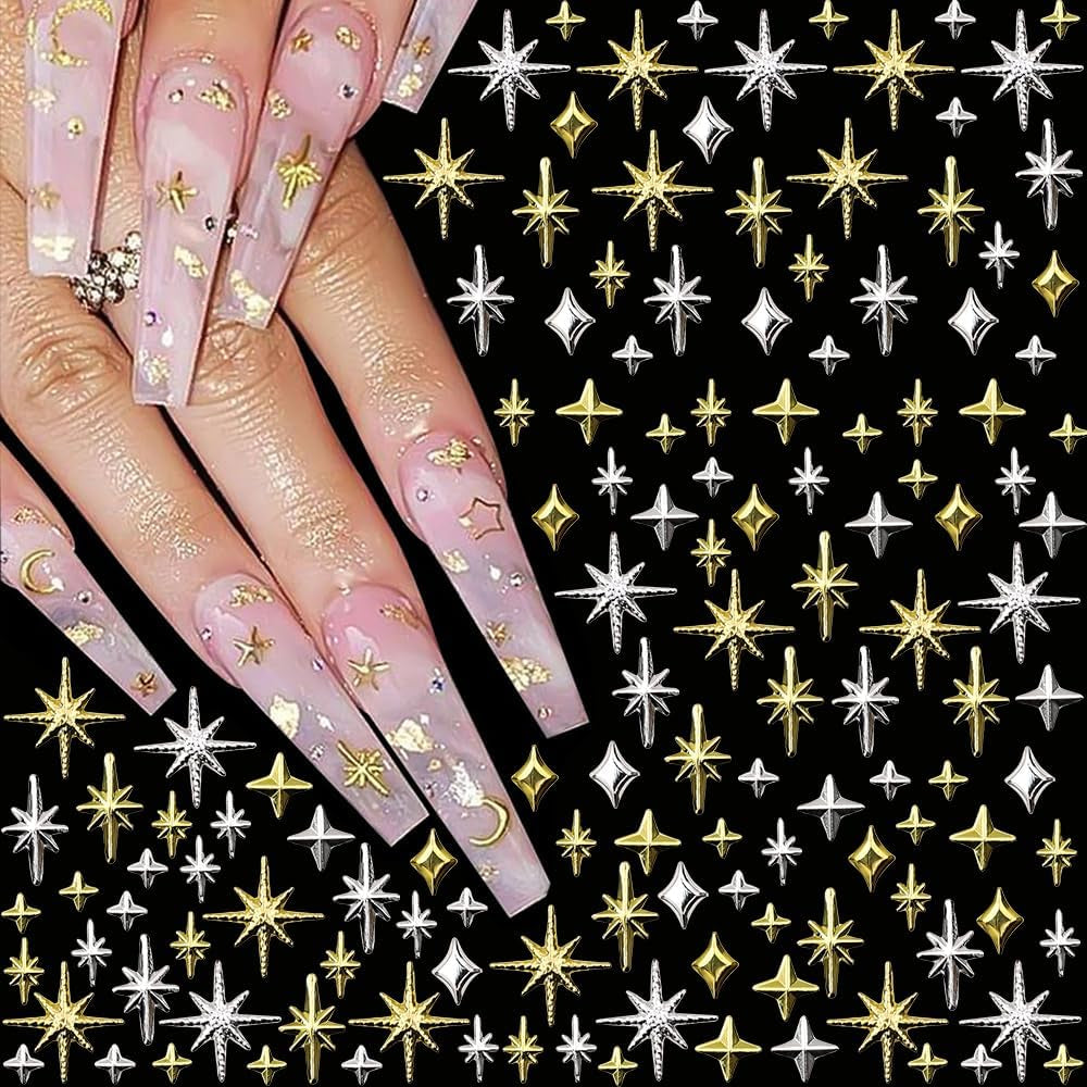 120 stuks Goud-Zilveren Ster Nagelbedels Ster Y2K Nagels Metalen Ster Nagelbedels Gemengde Maten Nagelschroeven Ster Nagelontwerp Nagelkunst 3D Sterbedels Nageldecoratie Nagelbedels Nagelaccessoires