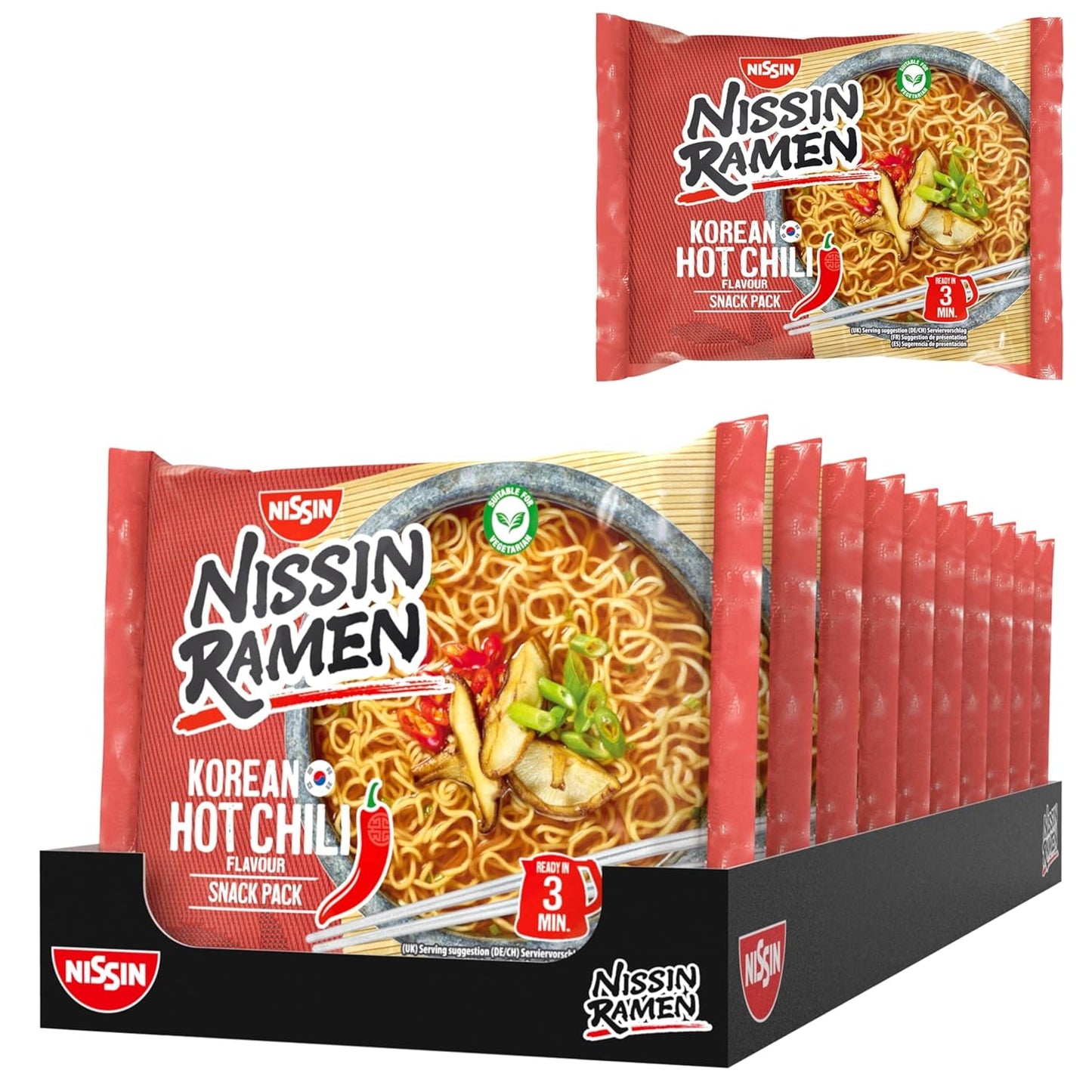 Nissin Ramen - Koreaanse pittige chili 10-pack instantnoedels in Aziatische stijl gebaseerd op een Koreaans recept Snel en gemakkelijk te bereiden Aziatisch eten (10 x 65,2 g)