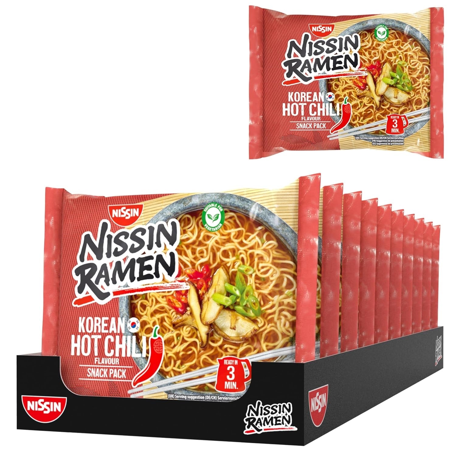 Nissin Ramen - Koreaanse pittige chili 10-pack instantnoedels in Aziatische stijl gebaseerd op een Koreaans recept Snel en gemakkelijk te bereiden Aziatisch eten (10 x 65,2 g)