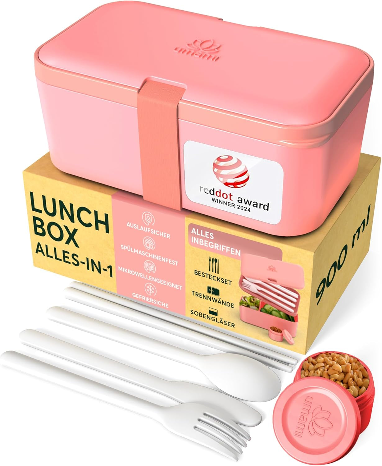 Umami lunchbox voor volwassenen, stapelbare bentobox met 4 bestek en vakken, lunchbox voor volwassenen, saladecontainer voor onderweg, picknick-/kantoorlunchbox, antracietgrijs, 1500 ml Naty Shop voedselbewaardozen koraalroze - 900 ml M - 900/1000 ml