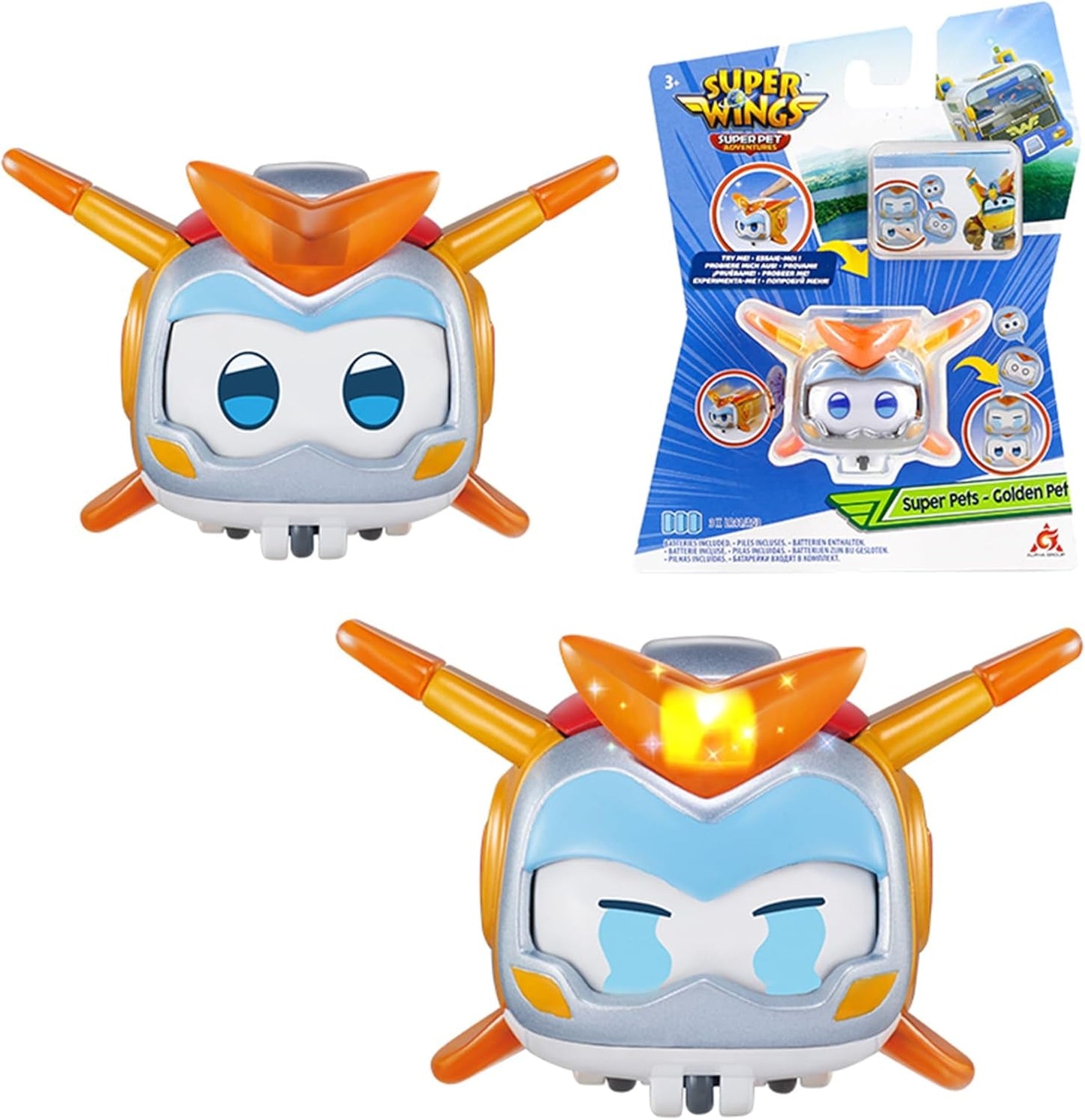 Super Wings Super Pets 4 STUKS Shine, Golden Boy, Jerome, Ellie Verwisselbare gezichtsuitdrukking Bliksemeffect Draagbaar speelgoed voor 3 4 5 6 7 8 jaar oude jongensmeisjes 2 inch actiefiguren Naty Shop Golden Boy