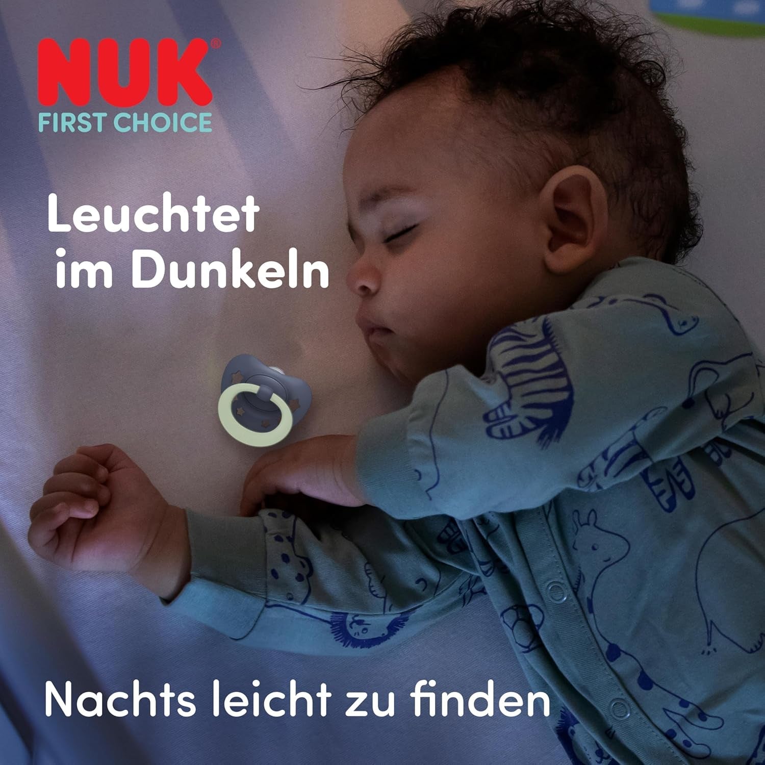 NUK First Choice klassieke dag- en nachtfopspenen voor baby's | 6-18 maanden | Orthodontische fopspenen die oplichten in het donker | 95% acceptatie door baby's** | Blauw | Pak van 2