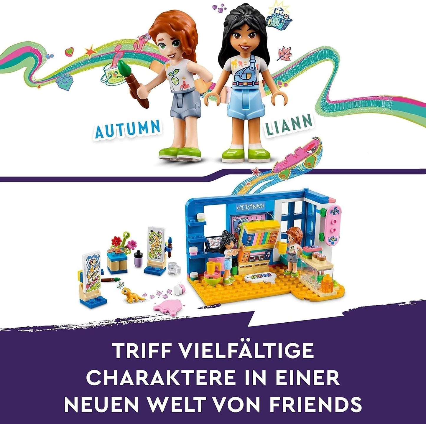 LEGO 41739 Friends Liann's kamer, minispeelgoed met kunstthema, kleine collectie cadeau met minipoppen van Liann, herfst en huisdier 2023-serie Bouwsets Bekijk de LEGO-Store