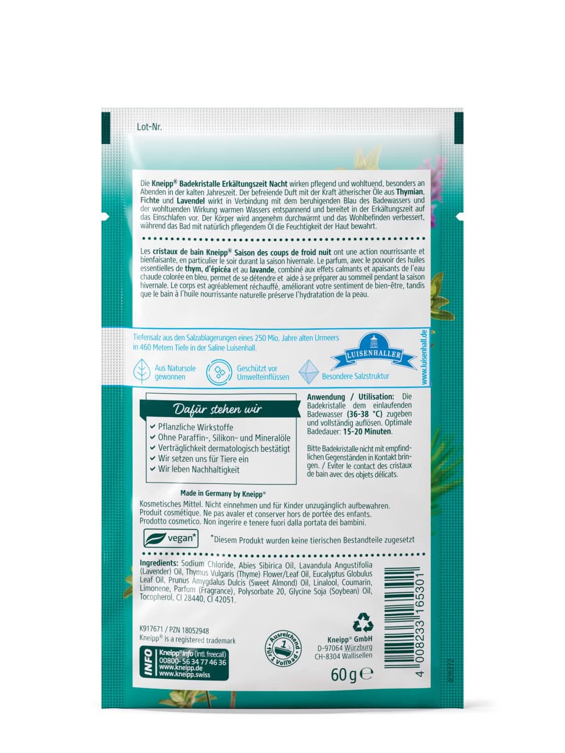 Kneipp Natuurlijk Badzout van de Luisenhall Zoutziederij met Essentiële Oliën Van Lavendel, Tijm en Sparren - Ontspannen slapen in koude seizoenen - 60 Gram Douche & Bad Naty Shop