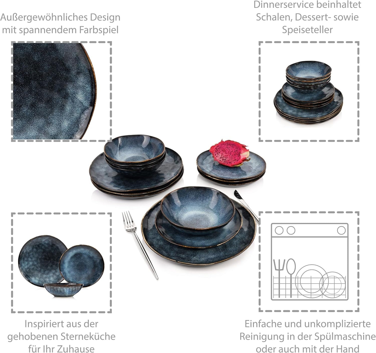 ZANGER | Tokyo Serviesset 12-delige Steengoed Serviesset voor 4 personen, inclusief dinerborden, dessertborden en schalen, donkerblauw met zwarte accenten | DE PREMIUM COLLECTIE