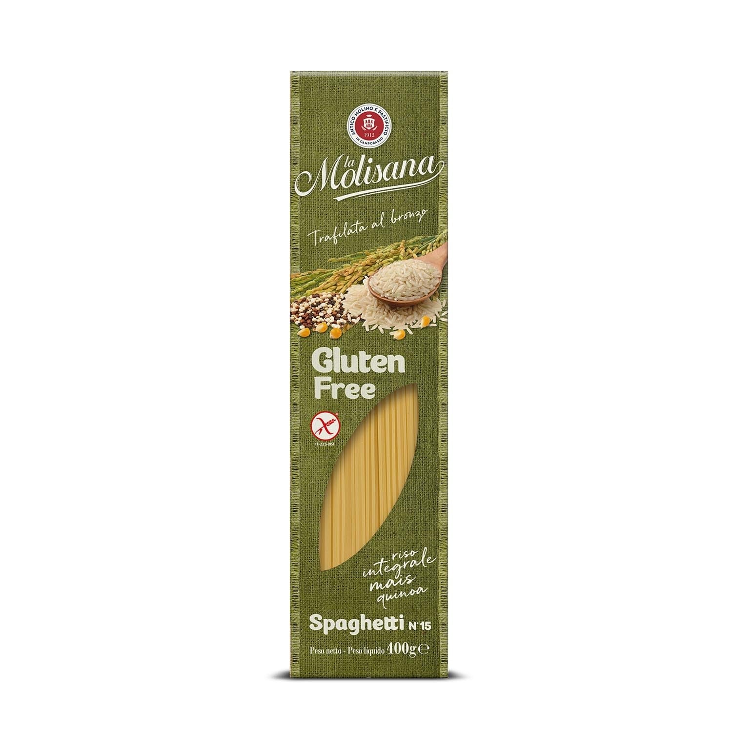 Spaghetti nr. 15 glutenvrije, glutenvrije pasta - Bronsgestookte pasta met volle rijst, maïs en quinoa - verpakking van 400 g