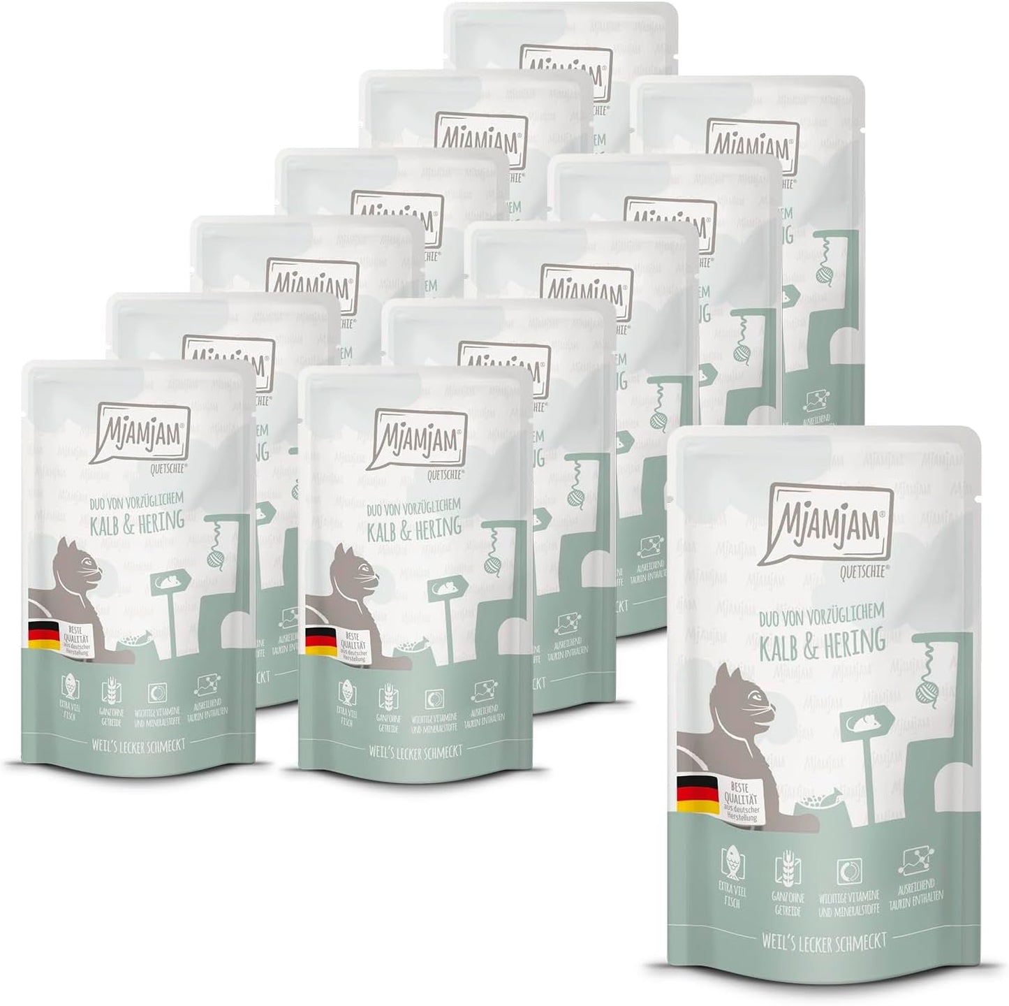 MjAMjAM - Premium natvoer voor katten - Knijpzak - DUO met geraffineerd kalfsvlees en haring, verpakking van 12 (12 x 125 g), graanvrij