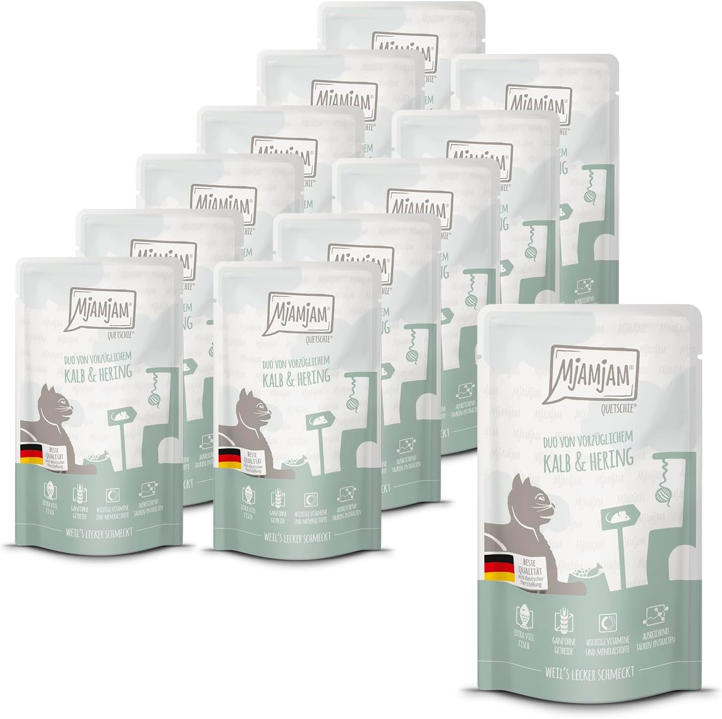 MjAMjAM - Premium natvoer voor katten - Knijpzak - DUO met geraffineerd kalfsvlees en haring, verpakking van 12 (12 x 125 g), graanvrij