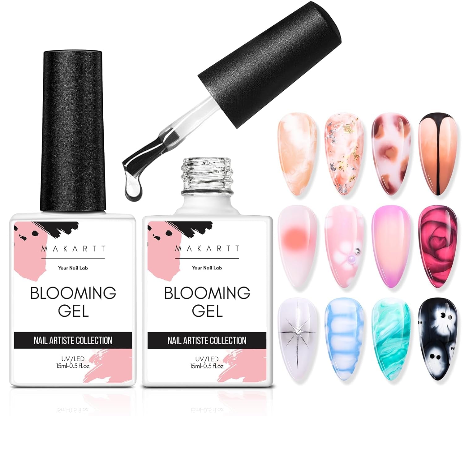 Makartt Blooming Gel Nagellak - 15ml Blooming Gel Nagellak Extender met Marmeren Kleur, Gelverf, DIY-Manicure Nagelontwerpen, Bloemen, Dieren, Waterverf, Magische Manicureset
