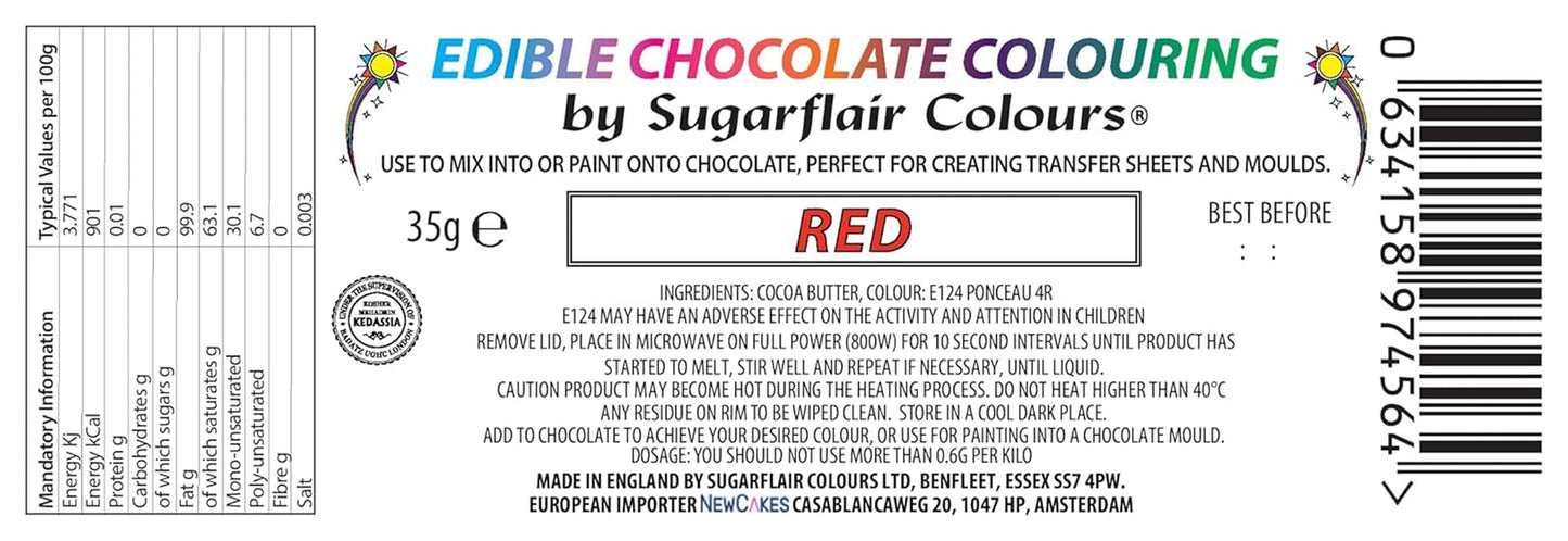 Voedingskleurstof Sugarflair Chocolate Voedingskleurstof voor rode chocolade - Gekleurde biologische cacaoboter, chocoladekleuring voor het kleuren van chocolade, pralines - 35g