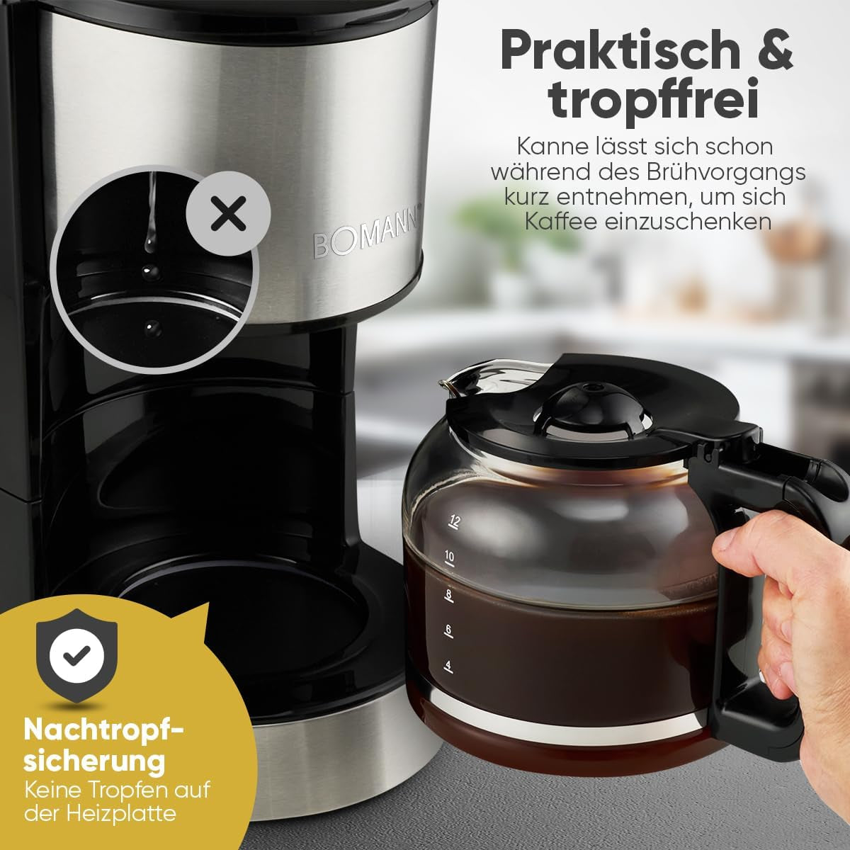 Espressomachine met Bomann®-filter | voor 12-14 kopjes | Koffie-espressomachine met filter | Roestvrij stalen behuizing | Anti-druppel | Espresso | Koffie-espressomachine met filter | 800W | KA 6071CB