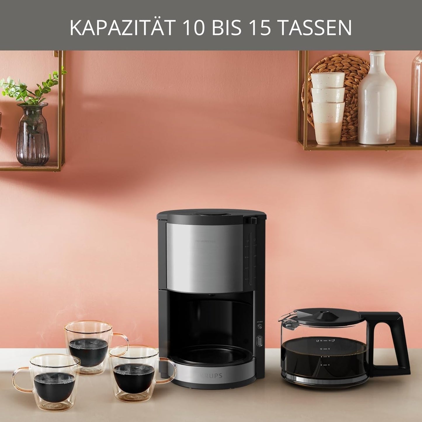 Krups KM3210 Pro Aroma Plus espressomachine, 10 kopjes, 1,25 l, 30 minuten warm houden, zichtbaar waterniveauvenster, antidruppelsysteem, zwart met roestvrijstalen toepassingen