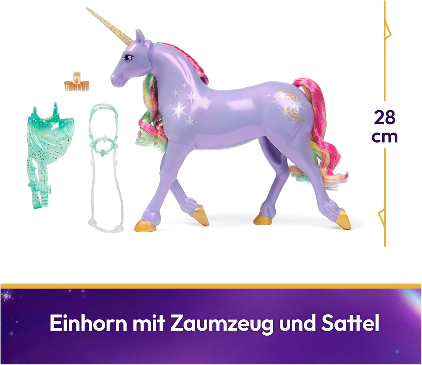 Wildstar Unicorn van Unicorn Academy - 28 cm grote originele Sophia eenhoorn uit de Netflix-serie met echte manen en staart, afneembaar hoofdstel, zadel en borstel, voor kinderen vanaf 4 jaar