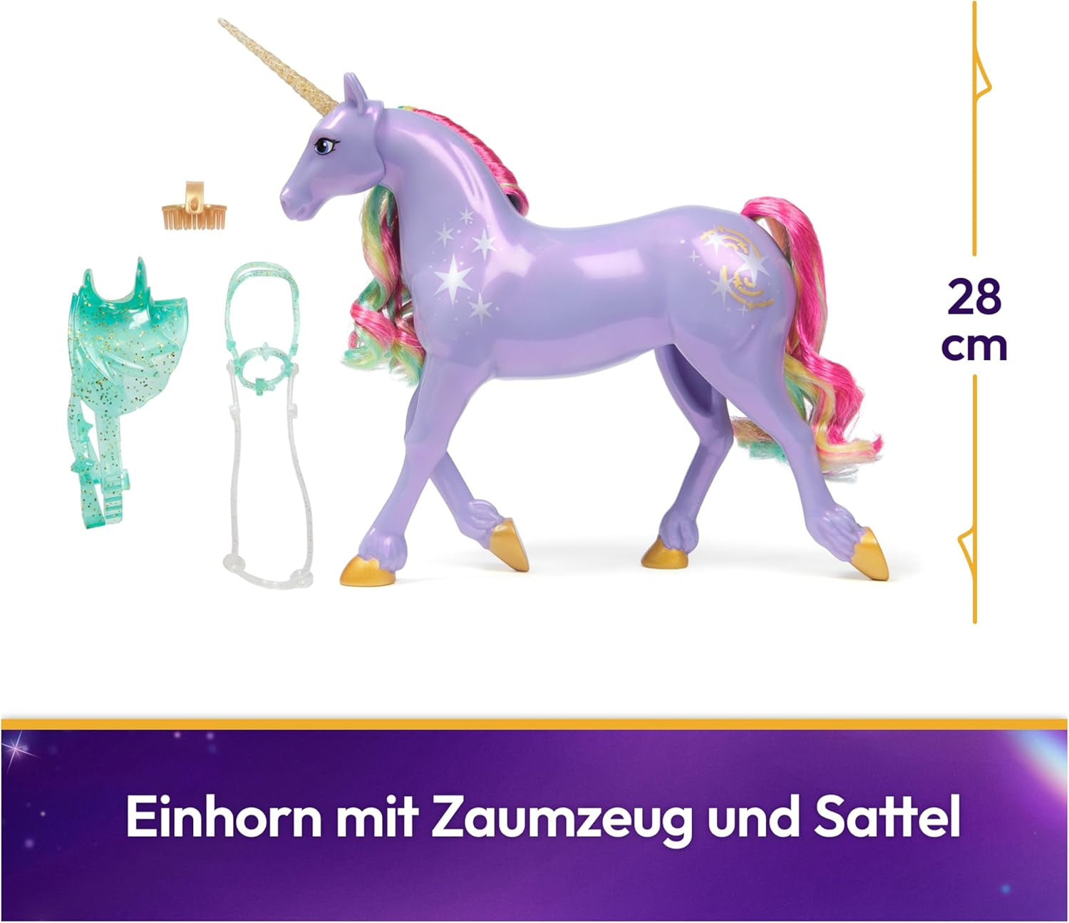 Wildstar Unicorn van Unicorn Academy - 28 cm grote originele Sophia eenhoorn uit de Netflix-serie met echte manen en staart, afneembaar hoofdstel, zadel en borstel, voor kinderen vanaf 4 jaar