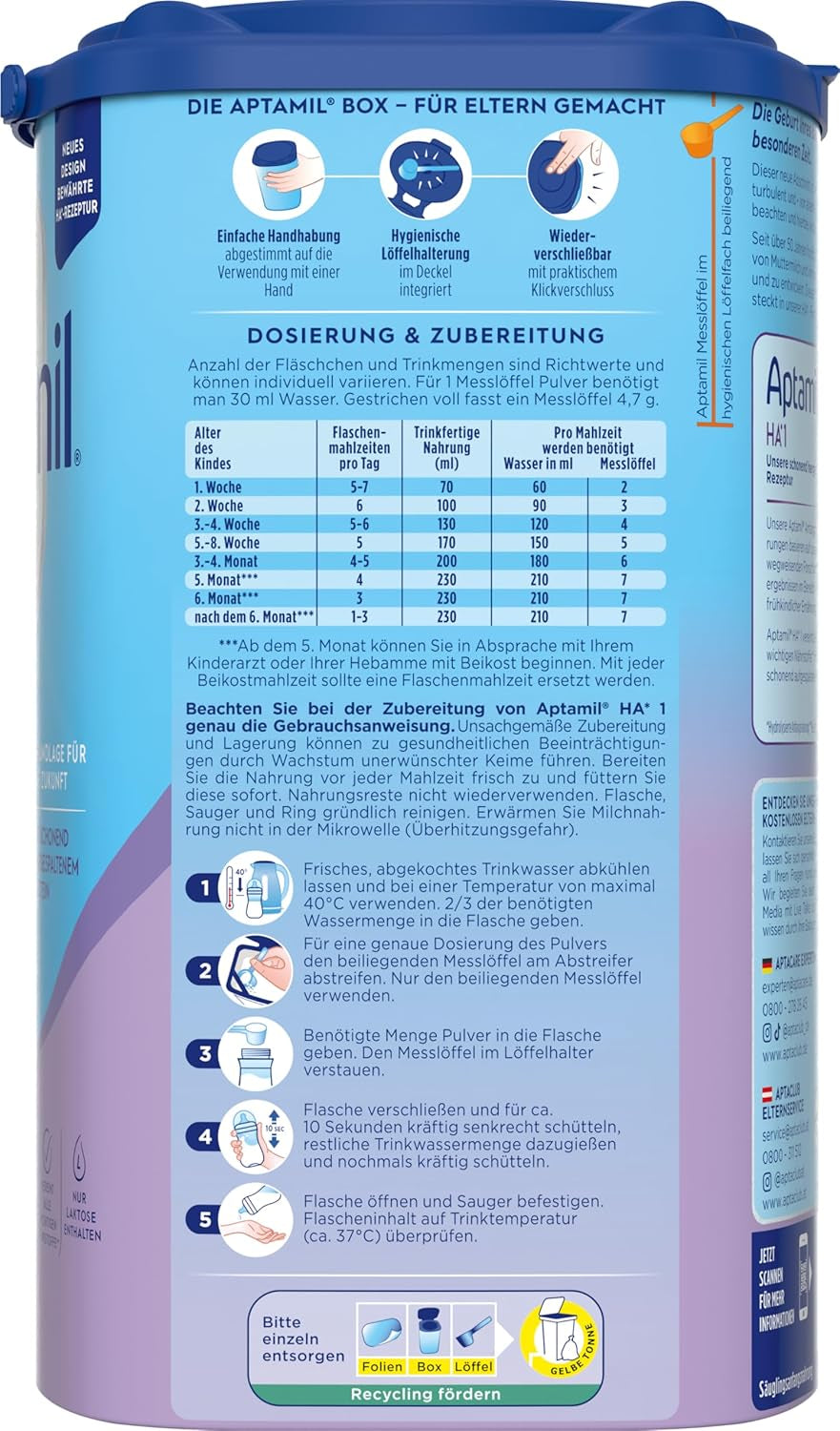 Aptamil HA 1 - Zuigelingenvoeding vanaf de geboorte, met DHA, lactosevrij, palmolievrij, babyvoeding, melkpoeder, 1 x 800 g