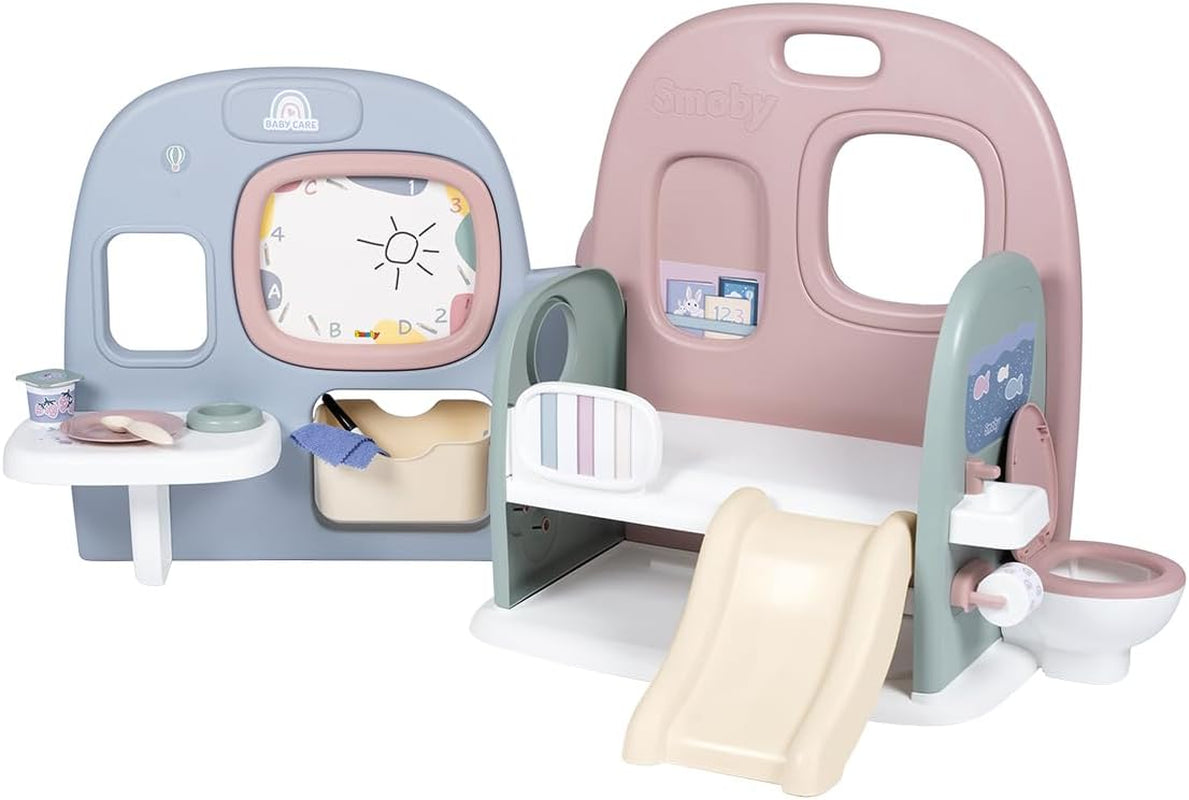 Smoby - Babyverzorging Poppenkwekerij - Poppenspeelcentrum Kinderdagverblijf + Kleuterschool Dagelijks leven - Opvouwbare speelruimte met 360° rotatie - 6 accessoires - Gemaakt van 90% gerecycled materiaal in Frankrijk, vanaf 3 jaar