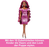 Barbie-pop Leuk stijlvol haar met extra lang kleurrijk zwart haar en sprankelend roze jurkje 10 kapsel- en mode-accessoires JDC86