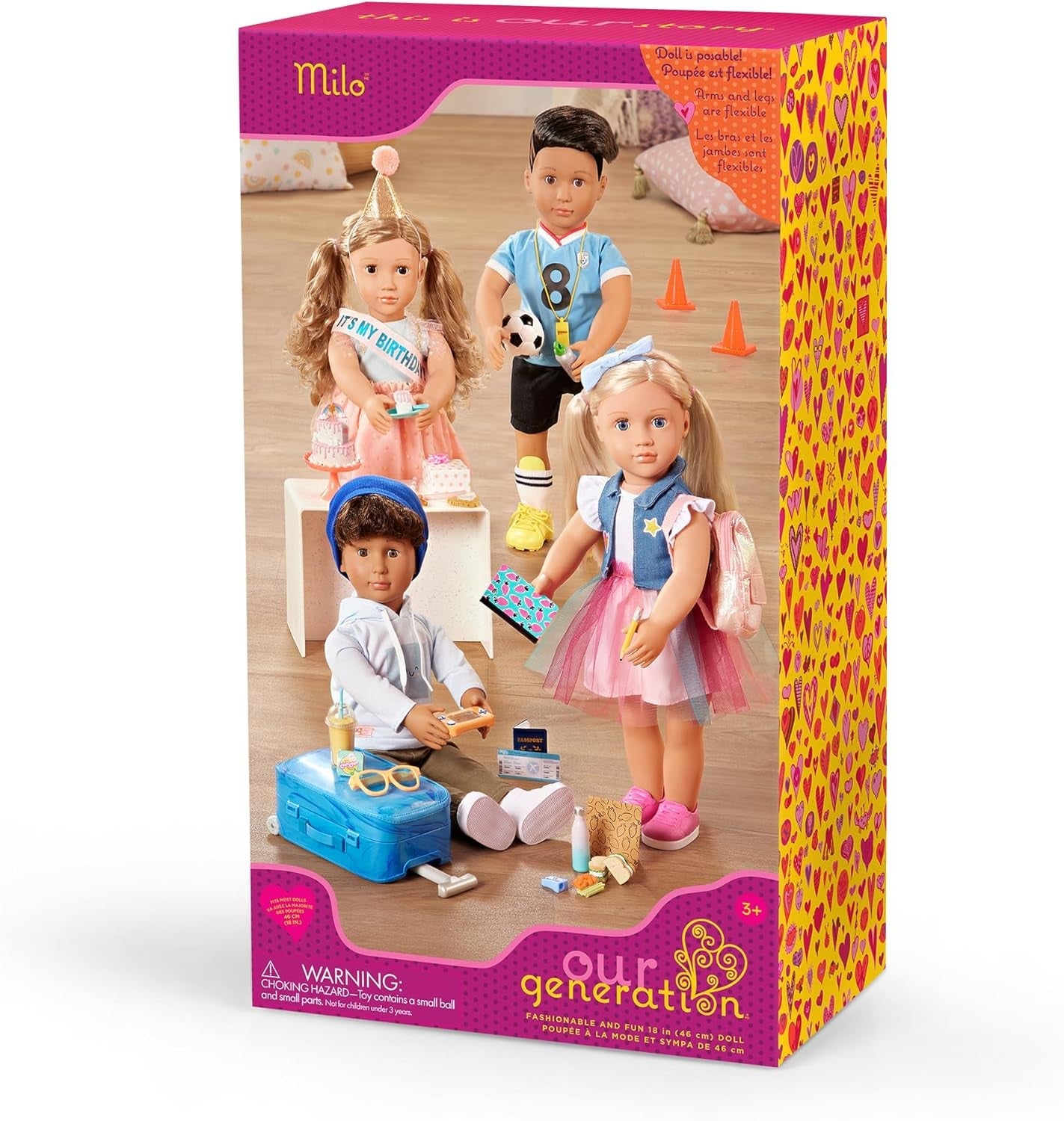 Our Generation - Milo - Jongenspop van 46 cm - Levensechte bruine ogen en krullend bruin haar - Bagage op wielen en reisaccessoires - Fantasiespel - Speelgoed voor kinderen vanaf 3 jaar