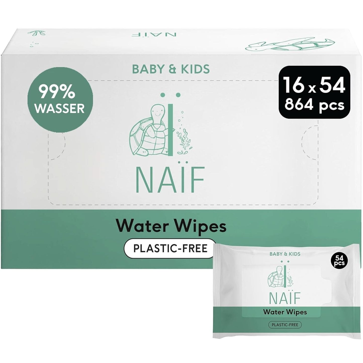 Naïf Plastikfreie Feuchttücher 864 Stück (16Er X 54 Feuchttücher) - Pflege Für Babypo, Körper Und Gesicht - 99% Aus Wasser - 0% Parfum en Alkohol - Nachhaltige Feuchttücherbox Eukalyptus Sensitiv Naty Shop