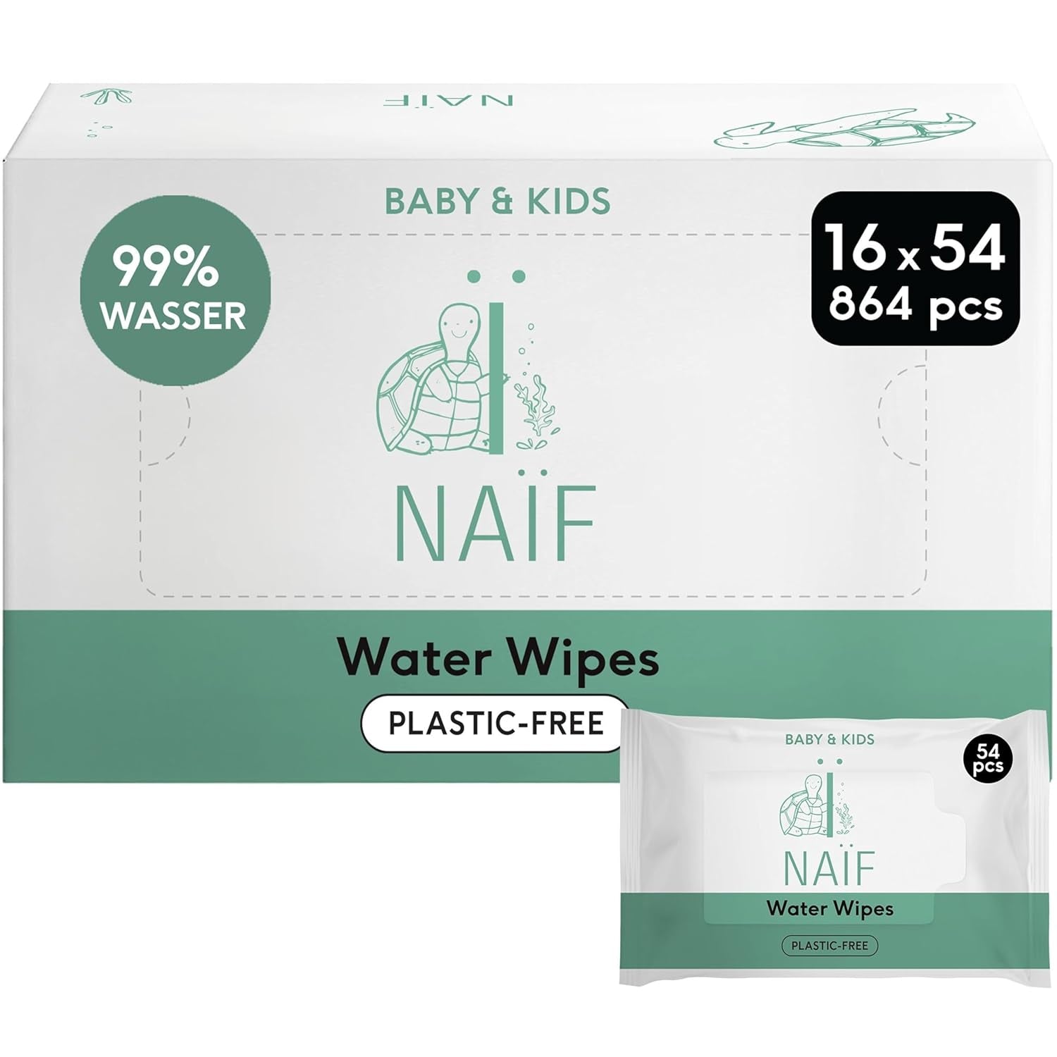 Naïf - Plasticvrije vochtige doekjes - 864 stuks (16 pakjes van 54 doekjes) - Verzorging voor babybilletjes, lichaam en gezicht - 99% water - 0% parfum en alcohol