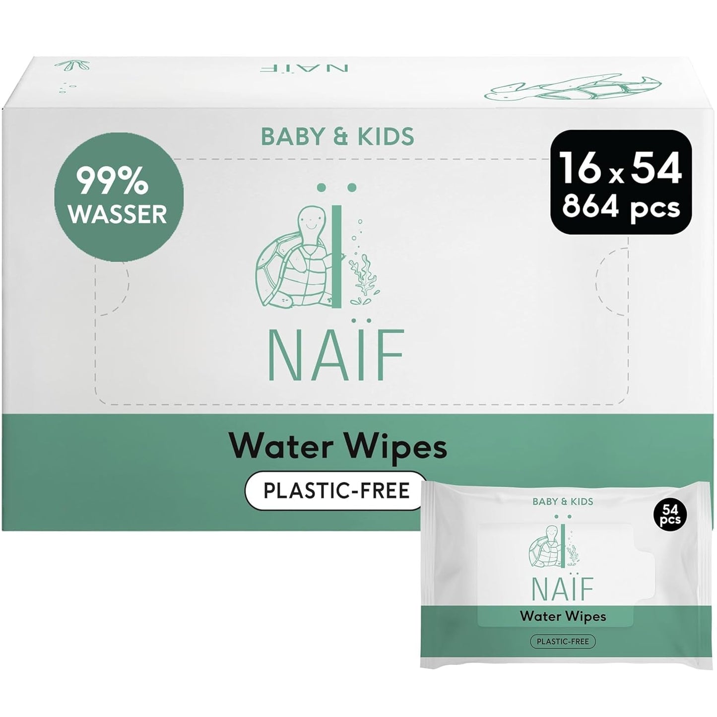 Naïf - Plasticvrije vochtige doekjes - 864 stuks (16 pakjes van 54 doekjes) - Verzorging voor babybilletjes, lichaam en gezicht - 99% water - 0% parfum en alcohol
